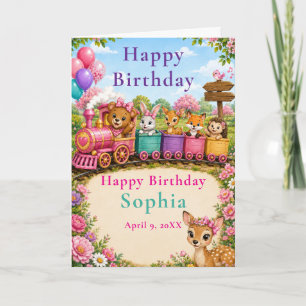 Tarjeta Tren de Animales del Bosque Feliz Cumpleaños