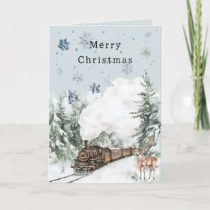 Tarjeta Tren de Ciervos de Navidad con Copos de Nieve Azul