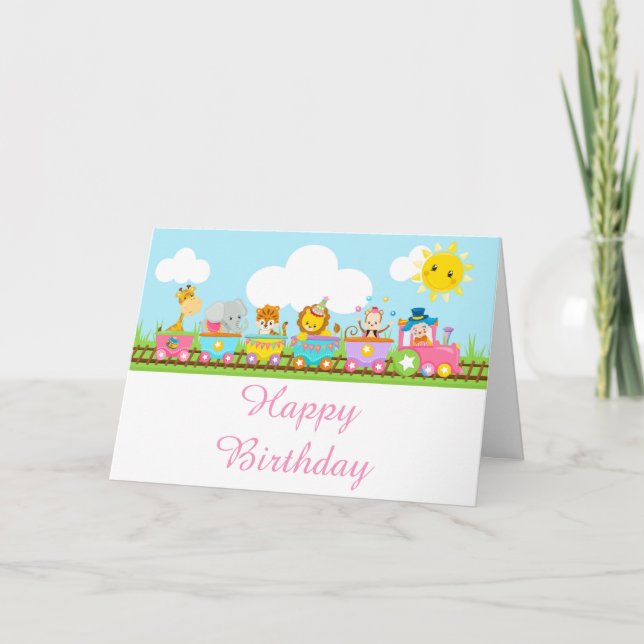 Tarjeta Tren de Circo de Animales Cumpleaños Infantil Rosa (Anverso)