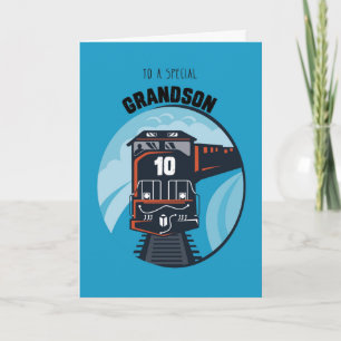 Tarjeta Tren de cumpleaños número 10, niño pequeño, azul