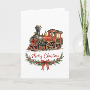 Tarjeta Tren de Navidad en acuarela con corona