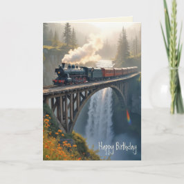 Tarjeta Tren vintage de cumpleaños en una torre de montaña