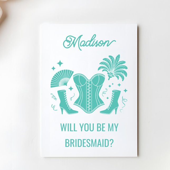 Tarjeta Trendy Teal Las Vegas Showgirl Bridesmaid Proposal (Subido por el creador)