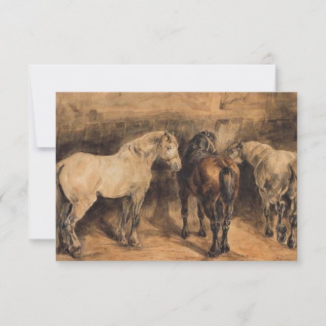 Tarjeta Tres caballos en su establo (Anverso)