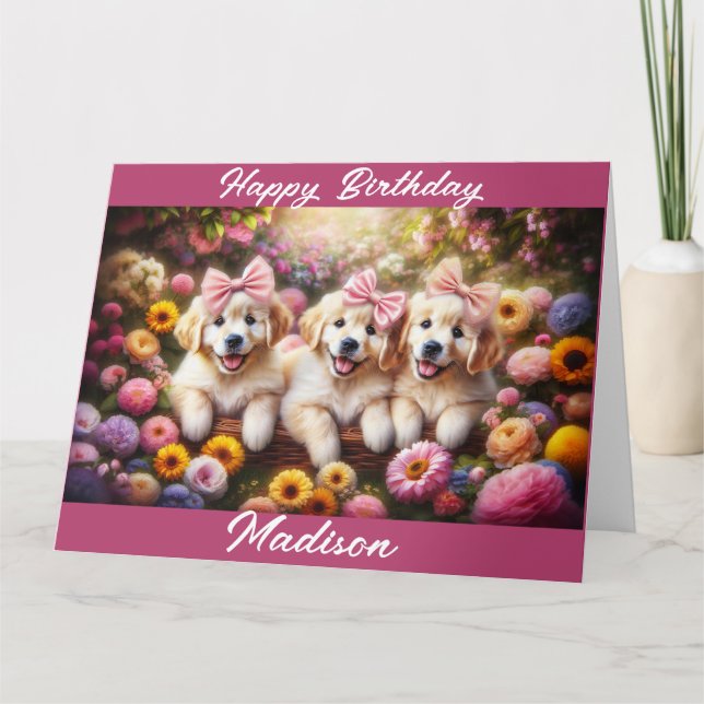 Tarjeta Tres Cachorros Golden Retriever con flores (Anverso)