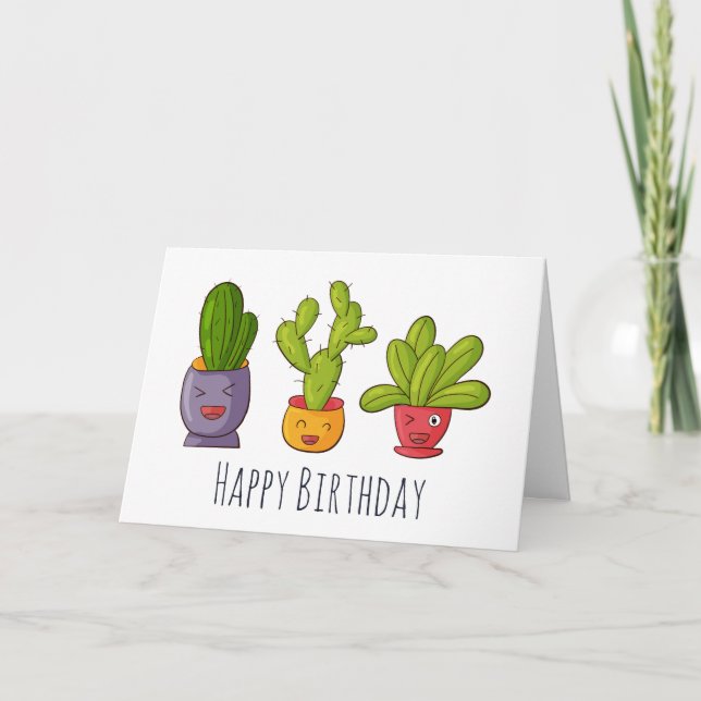 Tarjeta Tres cactus en Ilustracion divertido de macetas de (Anverso)