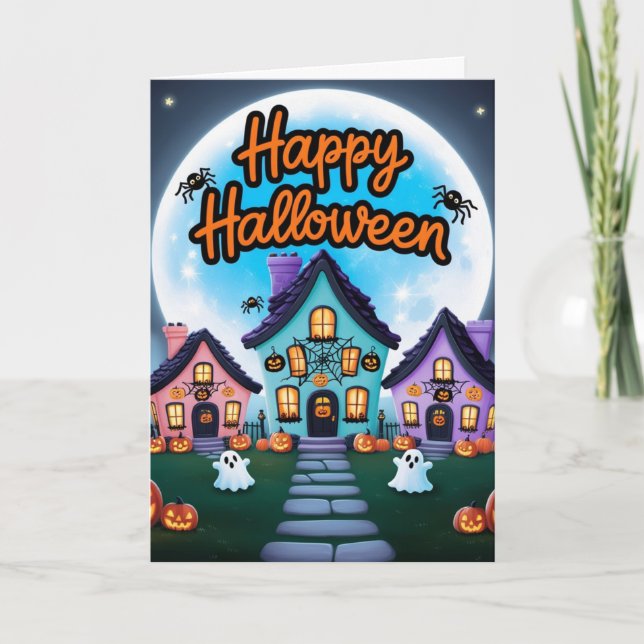 Tarjeta Tres casas de halloween de luna llena kawaii (Anverso)