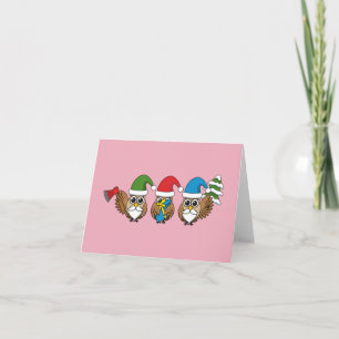 Tarjeta Tres divertidos búhos gnomos de Navidad