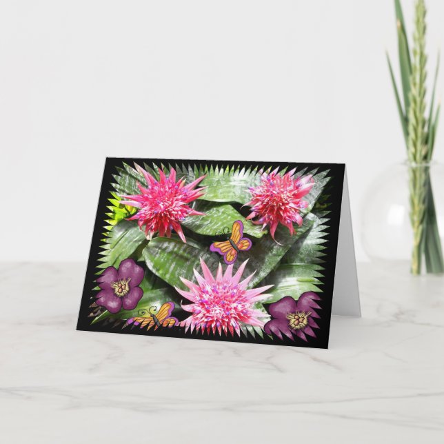 Tarjeta Tres flores rosadas del cactus con las mariposas (Anverso)