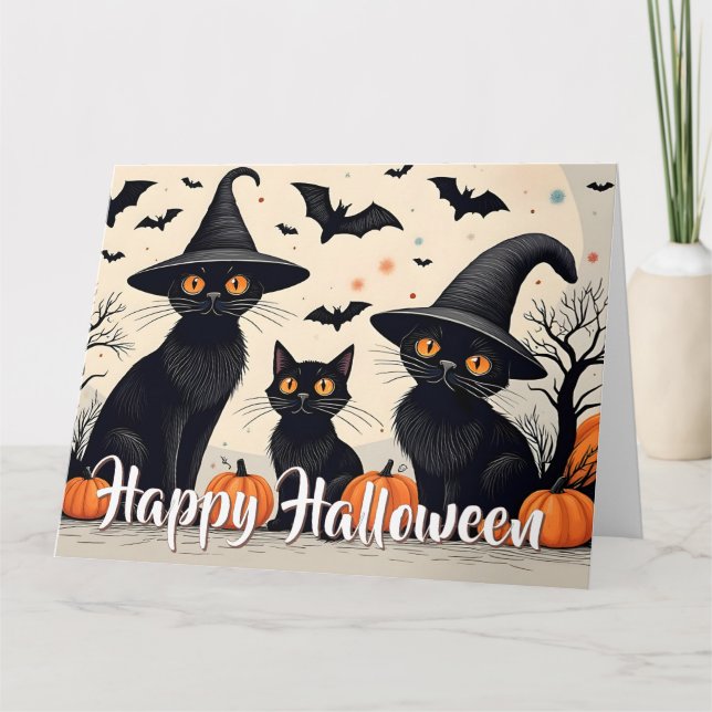 Tarjeta Tres gatos negros con Gorras en Halloween (Anverso)