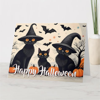 Tarjeta Tres gatos negros con Gorras en Halloween
