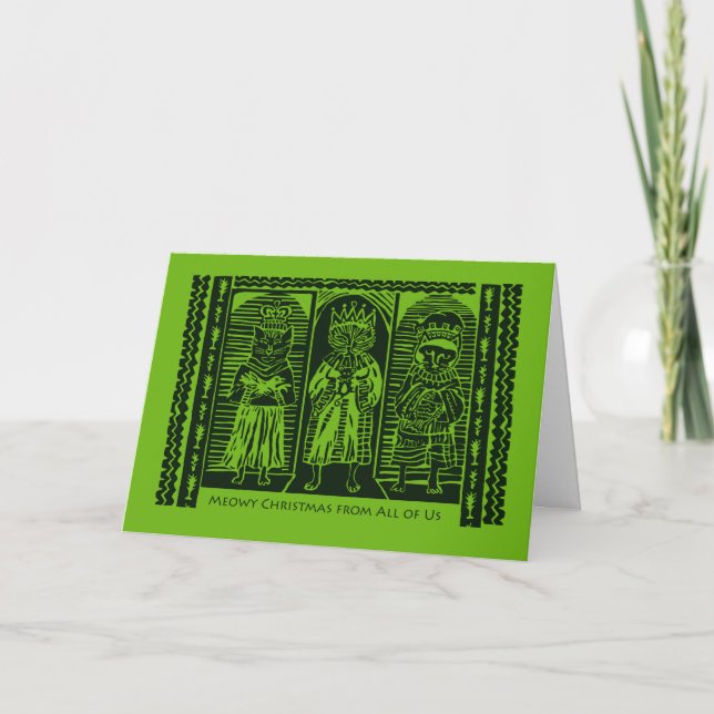Tarjeta Tres gatos sabios, regalías de Navidades con regal (Anverso)