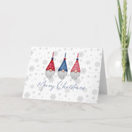 Tarjeta Tres Gnomes Rojos Azul Feliz Navidad Copos de niev