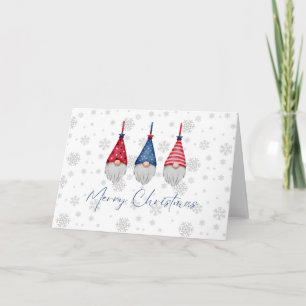 Tarjeta Tres Gnomos Azules Rojo Feliz Navidad Copos de Nie