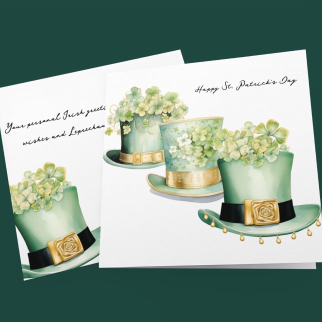 Tarjeta Tres Gorras irlandeses del Día de San Patricio (Three different Leprechaun top hats in green and gold on customizable St Paddy's Day cards.)