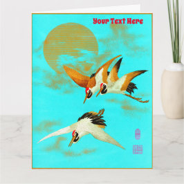 Tarjeta Tres grullas de sari volando frente a la luna