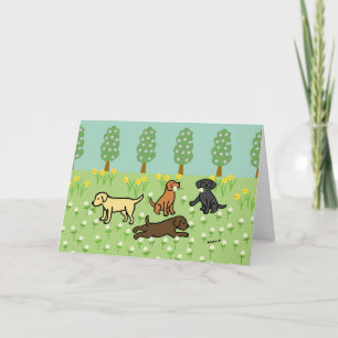 Tarjeta Tres Labradores con flores de primavera
