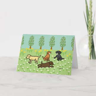Tarjeta Tres Labradores con flores de primavera