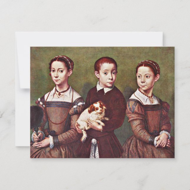 Tarjeta Tres niños con perro, pintura de arte fino (Anverso)