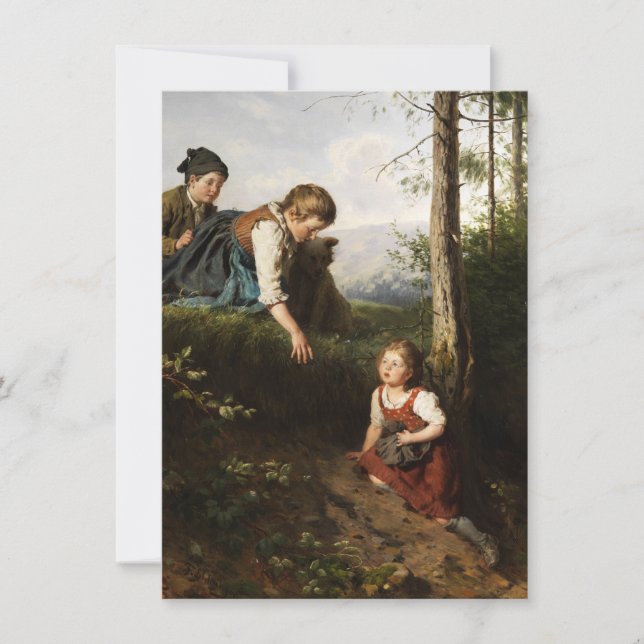 Tarjeta Tres niños recogiendo cerezas silvestres en el bos (Anverso)