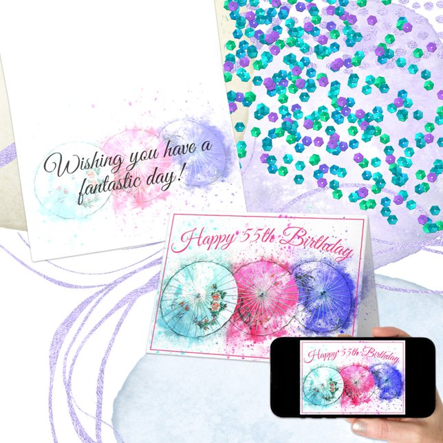 Tarjeta Tres paraguas tropicales de cóctel 55º cumpleaños (Send a special greeting when you personalize the text on this card design for any occasion.)