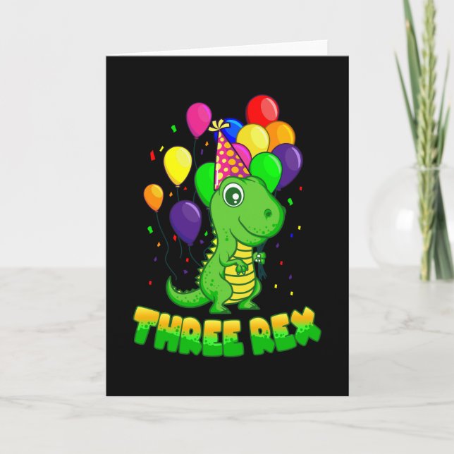 Tarjeta TRES REX 3 años niño de tercer cumpleaños Dino (Anverso)