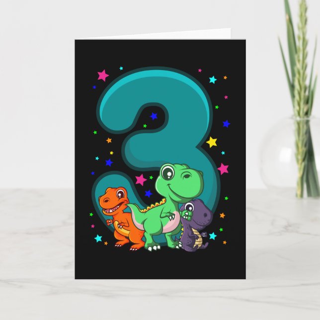 Tarjeta TRES REX 3 años Tercer cumpleaños niños Dino (Anverso)