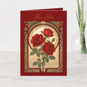 Tarjeta Tres Rosas Rojas Profundas Estilo Art Nouveau