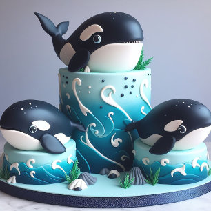 TARJETA TRES TORTA DE CUMPLEAÑOS DE ORCA BLANCA Y NEGRA