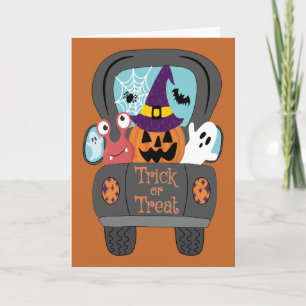 Tarjeta Trick de camión retro de Halloween o monstruos de