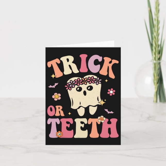Tarjeta Trick O Teeth Ghost Groovy Dental Halloween (Anverso)