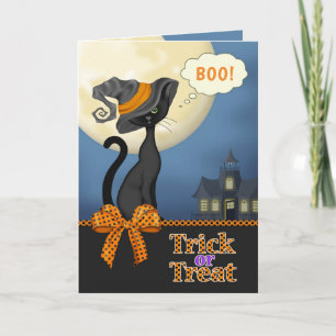 Tarjeta Trick o Trek Feliz Gato Negro de Halloween