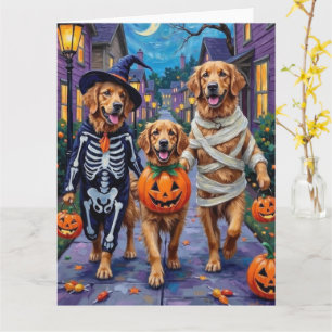 Tarjeta Trick-or-Treating de Golden Retriever en Halloween