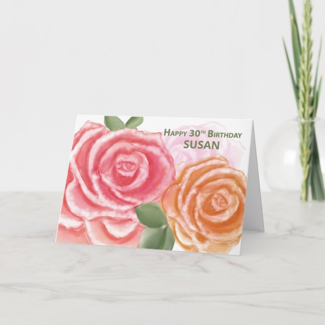 Tarjeta Trigésimo cumpleaños Bendición Gran Rosa de acuare (Anverso)