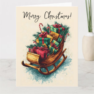 Tarjeta Trineo Antiguo Lleno de Regalos de Navidad