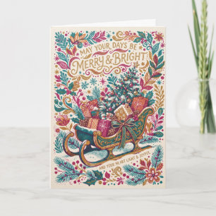 Tarjeta Trineo de Arte Popular Colorido de Navidad