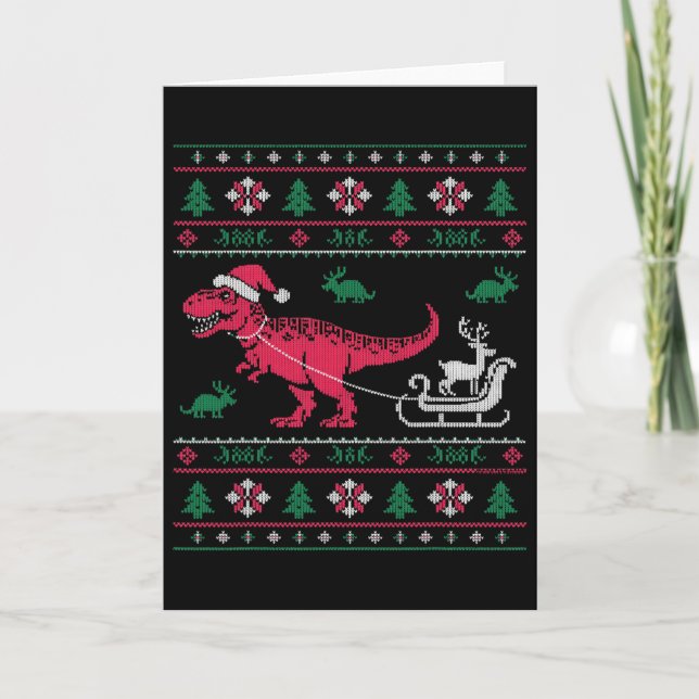 Tarjeta Trineo Reno Dinosaurio Feo Navidad  (Anverso)