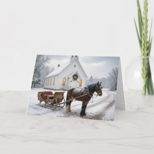 Tarjeta Trineo Tirado por Caballos Esperando Junto a una C