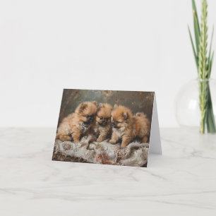Tarjeta Trío de cachorros de Pomerania Vintage en Blanco