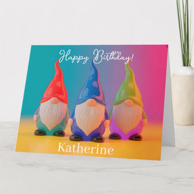 Tarjeta Trío de figuritas de gnomos de cerámica brillantes (Anverso)