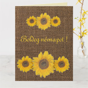 Tarjeta Trío de girasoles en el día del burlap