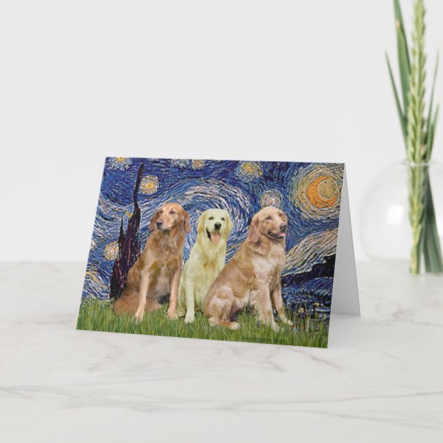 Tarjeta Trio de Golden Retriever - Noche estrellada (Anverso)
