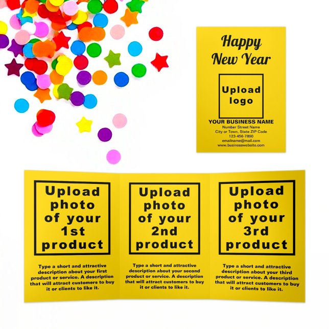 Tarjeta triple amarilla de Año Nuevo profesional (New Year greeting, business brand and products on yellow trifold card)