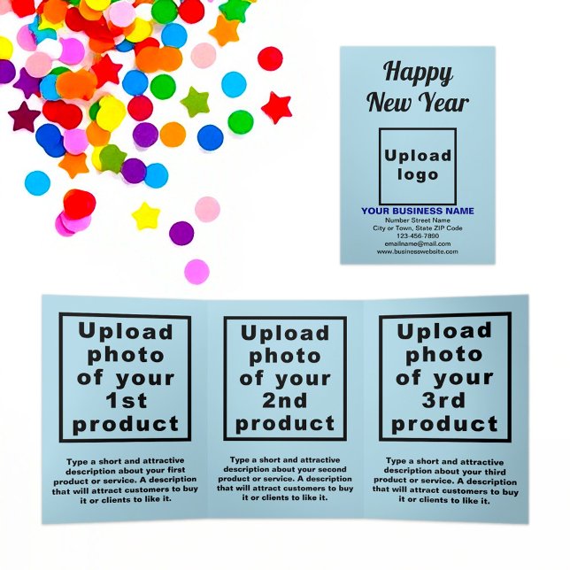 Tarjeta triple azul de luz de Año Nuevo profesiona (New Year greeting, business brand and products on light blue trifold card)