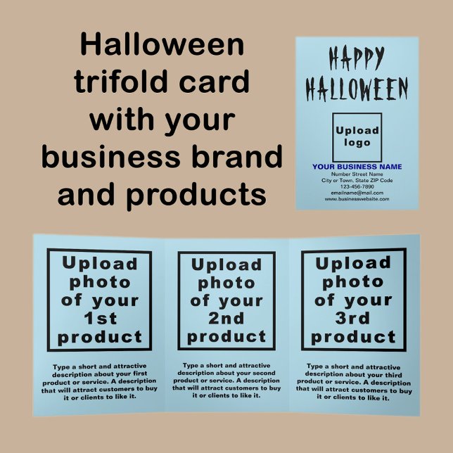 Tarjeta triple azul ligera Halloween Business (Halloween light blue trifold card with your business brand and products or services.)