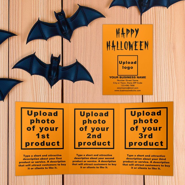 Tarjeta triple color Naranja de Halloween de negoc (Business brand and products on orange color Halloween trifold card)