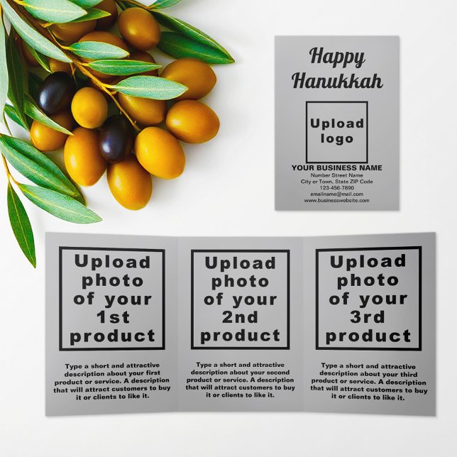 Tarjeta triple de color gris Hanukkah (Hanukkah greeting, business brand and products on gray trifold card)