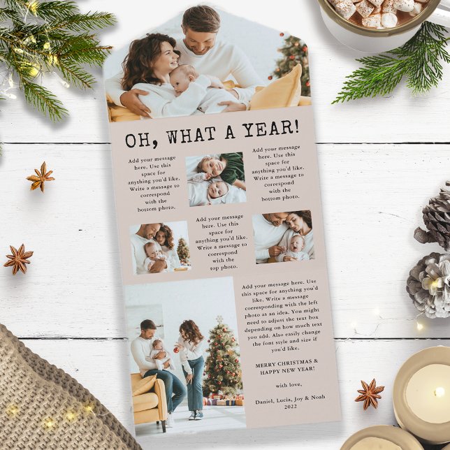 Tarjeta triple de noticias de vacaciones (Oh, What A Year Christmas New Year Holiday Newsletter Card - Tan and Black)