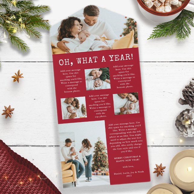 Tarjeta triple de noticias de vacaciones (Oh, What A Year Photo Collage Red and White Holiday Card)