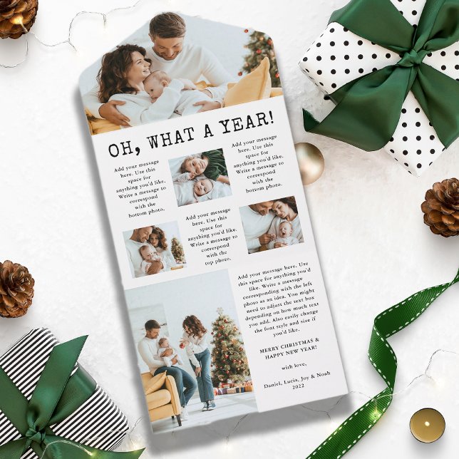 Tarjeta triple de vacaciones familiares (Oh, What A Year Holiday Christmas Photo Collage All In One Card)